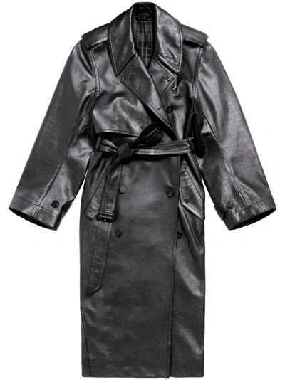 Balenciaga Black Belted Leather Trench Coat