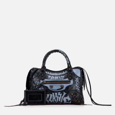 Pre-owned Balenciaga Black Blue Mini Lambskin Motocross Graffiti Classic City Satchel