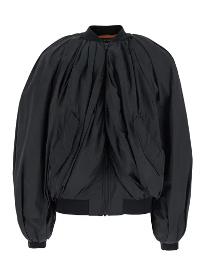 BALENCIAGA BALENCIAGA WOMEN BLACK BOMBER DRAPED JACKET WITH ELASTIC REAR HEM IN TECH FABRIC WOMAN