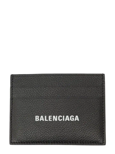 Balenciaga Black Card Holderr With Contrasting Logo Print In Leather In Grey