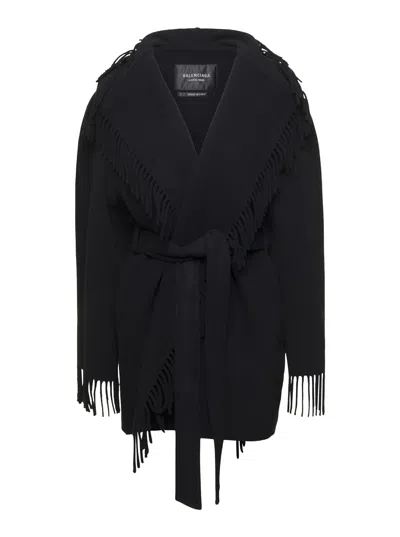 BALENCIAGA BLACK COAT WITH FRINGES IN WOOL WOMAN