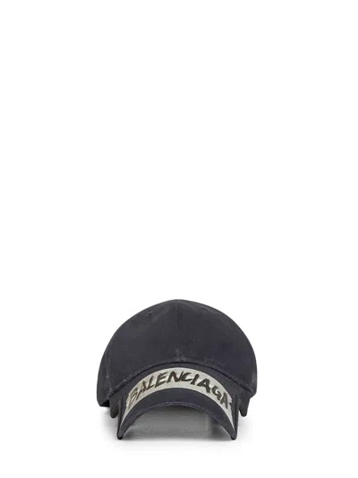 Balenciaga Men Black Cotton Drill Masking Tape Cap With A Washed Effect