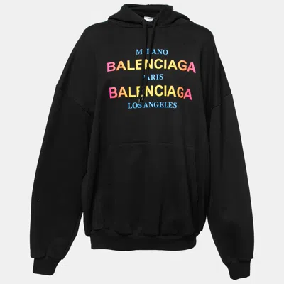 Pre-owned Balenciaga Black Cotton Multi-city Logo Print Hooded Sweatshirt M