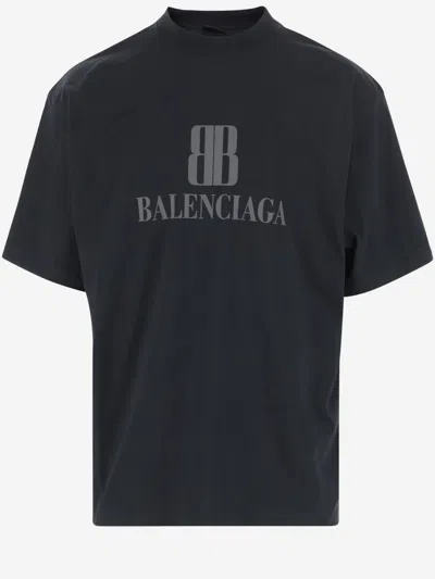 BALENCIAGA BLACK COTTON T-SHIRT WITH LOGO