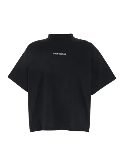 Balenciaga Black Crewneck T-shirt With Logo Lettering On Front And Rear In Cotton Man