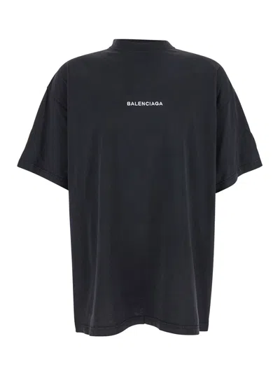Balenciaga Black Crewneck T-shirt With Logo Lettering On The Front And Logo Patch On The Sleeve In Cotton Man