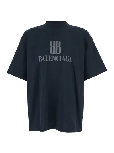 BALENCIAGA BLACK CREWNECK T-SHIRT WITH LOGO PRINT ON THE FRONT IN COTTON MAN