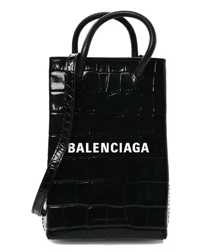 Balenciaga Black Croc-embossed Calfskin Leather Logo Shopping Phone Holder Bag  (authentic Pre-loved