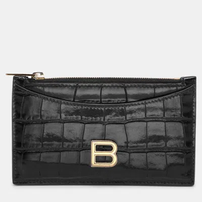 Pre-owned Balenciaga Black Croc Embossed Leather Hourglass Card Holder