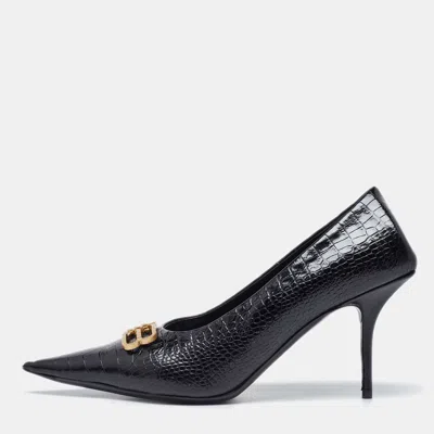 Pre-owned Balenciaga Black Croc Embossed Leather Knife Pointed Toe Pumps Size 40