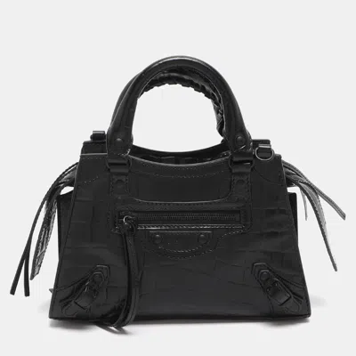Pre-owned Balenciaga Black Croc Embossed Leather Mini Neo Classic City Tote