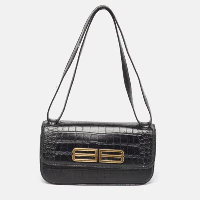 Pre-owned Balenciaga Black Croc Embossed Leather Small Gossip Shoulder Bag