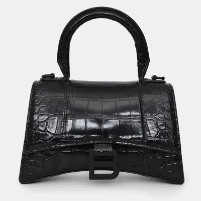 Pre-owned Balenciaga Black Croc Embossed Xs Hourglass Top Handle Bag With Strap
