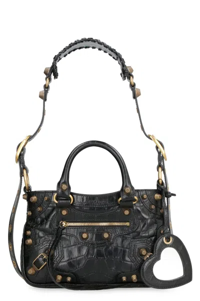 Balenciaga Black Croco-print Leather Handbag With Metal Studs And Buckles