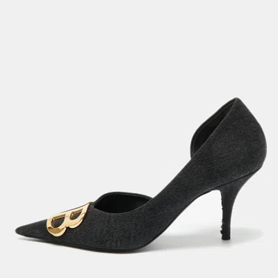 Pre-owned Balenciaga Black Denim Bb Knife D'orsay Pumps Size 38
