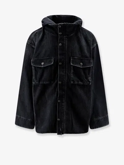 Balenciaga Black Denim Jacket With Embroidered Logo On The Front In Blue