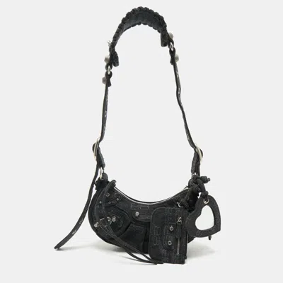 Pre-owned Balenciaga Black Denim Monogram Xs Le Cagole Shoulder Bag