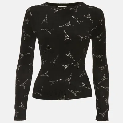 Pre-owned Balenciaga Black Eiffel Tower Rhinestone Velvet Sweater Xs