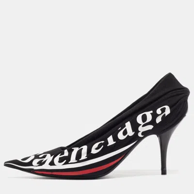 Pre-owned Balenciaga Black Fabric And Leather Logo Knife Pumps Size 37
