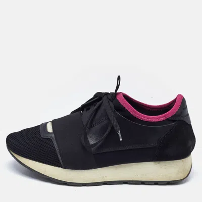 Pre-owned Balenciaga Black Fabric And Leather Race Runner Lace Up Sneakers Size 37 In Blue