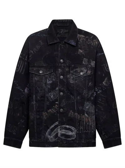 Balenciaga Black Fade Out Washed Crayon Allover Denim Oversized Jacket In Multi