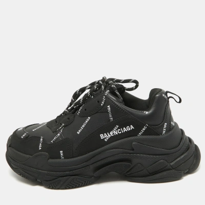Pre-owned Balenciaga Black Faux Leather Allover Logo Triple S Trainers Size 40