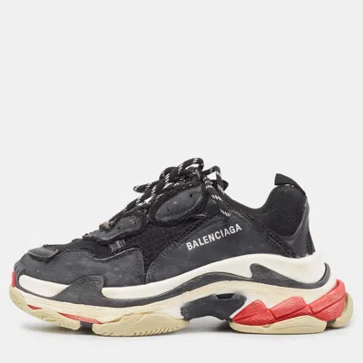 Pre-owned Balenciaga Black Faux Leather And Mesh Distressed Triple S Trainers Size 40