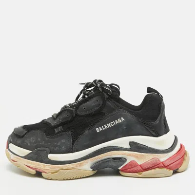 Pre-owned Balenciaga Black Faux Leather And Mesh Distressed Triple S Trainers Size 43