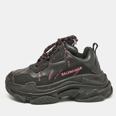 Pre-owned Balenciaga Black Faux Leather Triple S All Over Logo Sneakers Size 36