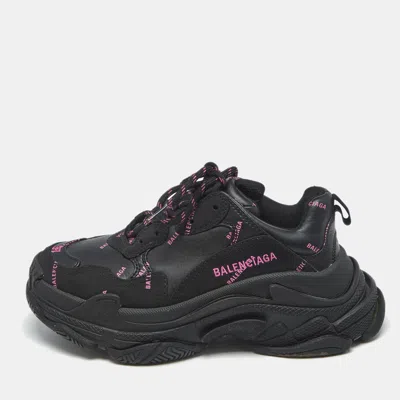 Pre-owned Balenciaga Black Faux Leather Triple S All Over Logo Sneakers Size 37