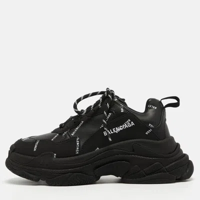 Pre-owned Balenciaga Black Faux Leather Triple S All Over Logo Sneakers Size 39