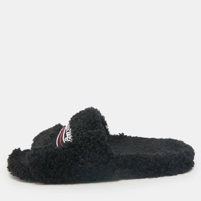 Pre-owned Balenciaga Black Faux Shearling Fur Furry Slide Sandals Size 42