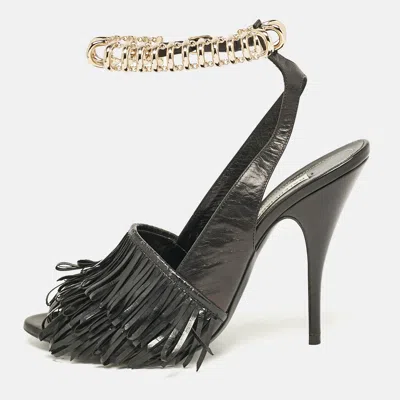 Pre-owned Balenciaga Black Fringe Leather Chain Detail Ankle Strap Sandals Size 39