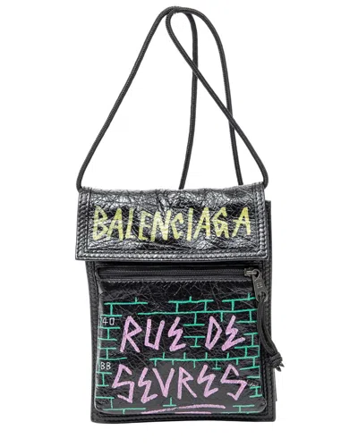 Balenciaga Black Graffiti Print Distressed Leather Explorer Pouch Crossbody