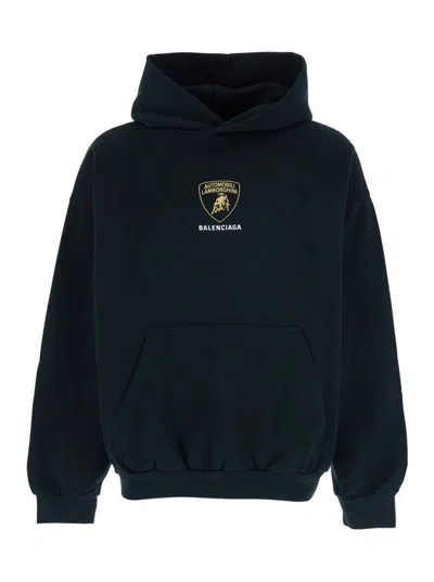 Balenciaga Medium Fit Black Cotton Hoodie In Blue