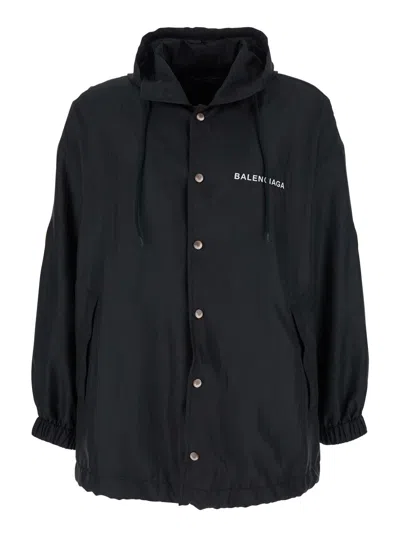 BALENCIAGA BLACK JACKET WITH LOGO LETTERING ON THE FRONT AND LOGO PATCH ON THE ELBOW IN TECH FABRIC MAN