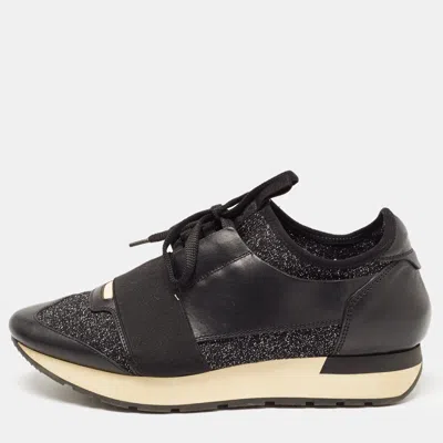 Pre-owned Balenciaga Black Knit Fabric And Leather Race Runner Low Top Sneakers Size 38