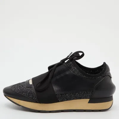 Pre-owned Balenciaga Black Leather And Glitter Fabric Race Runner Sneakers Size 38