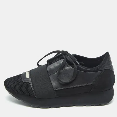 Pre-owned Balenciaga Black Leather And Mesh Race Runner Low Top Sneakers Size 36