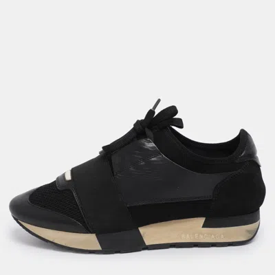 Pre-owned Balenciaga Black Leather And Mesh Race Runner Low Top Sneakers Size 37