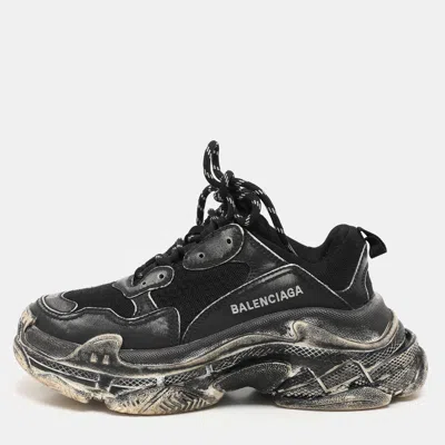 Pre-owned Balenciaga Black Leather And Mesh Triple S Distressed Low Top Sneakers Size 37