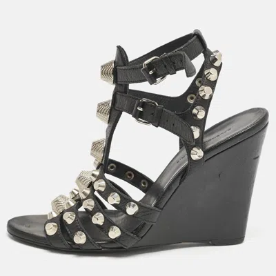 Pre-owned Balenciaga Black Leather Arena Studded Strappy Wedge Sandals Size 38