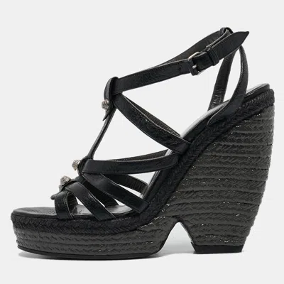Pre-owned Balenciaga Black Leather Arena Wedge Espadrille Sandals Size 39