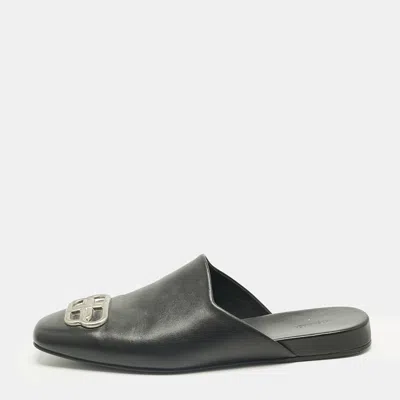 Pre-owned Balenciaga Black Leather Cosy Bb Flat Mules Size 41