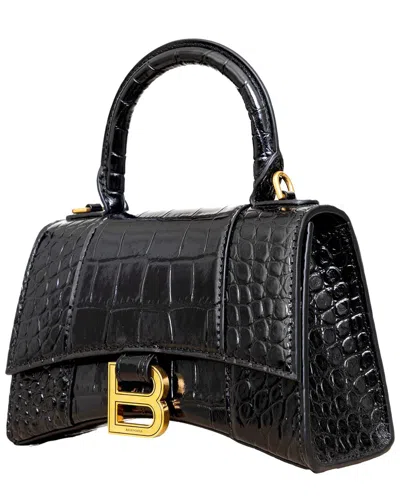 Pre-owned Balenciaga Black Leather Croc-embossed Hourglass Xs Bag (authentic Pre-loved)