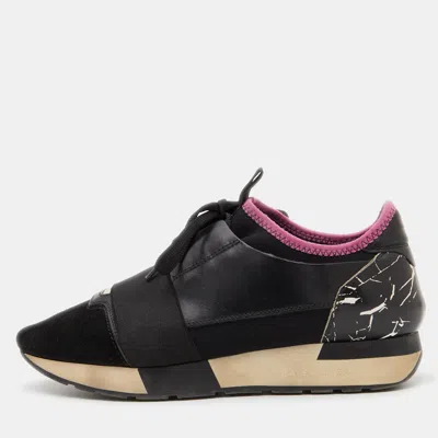 Pre-owned Balenciaga Black Leather Fabric And Suede Race Runner Sneakers Size 38