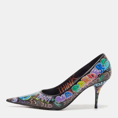 Pre-owned Balenciaga Black Leather Graffiti Print Bb Pointed Toe Pumps Size 39