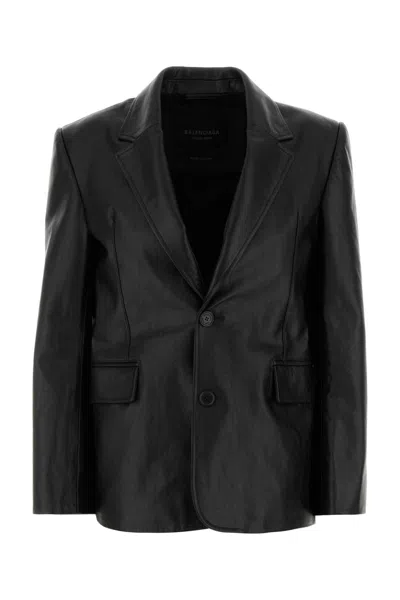 Balenciaga Leather Jacket Single Breasted Notch Lapel In Black