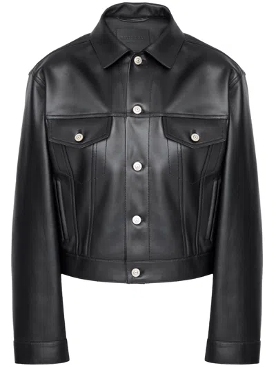 Balenciaga Black Leather Jacket With Shirt Collar And Button Closure For Women