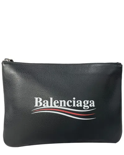 Balenciaga Black Leather Logo Campaign Print Zipped Pouch Bag (authentic )